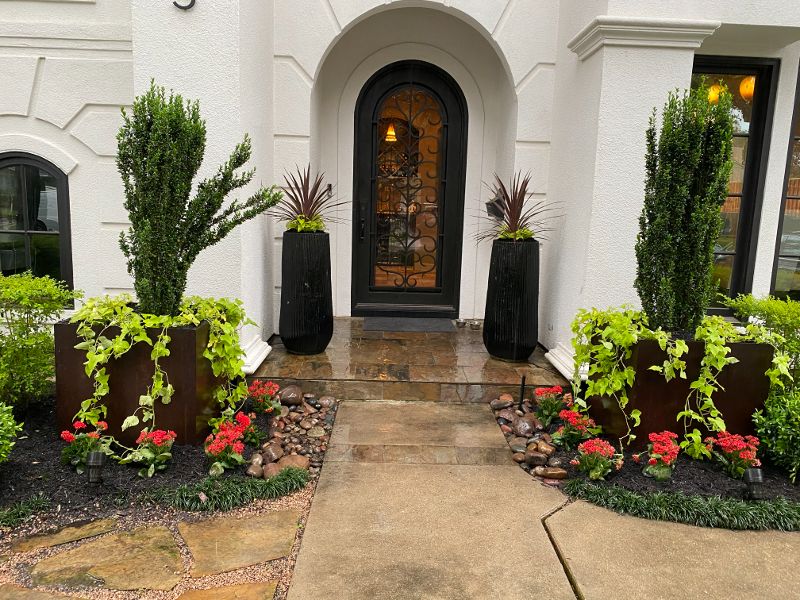 front yard modern landscaping urns