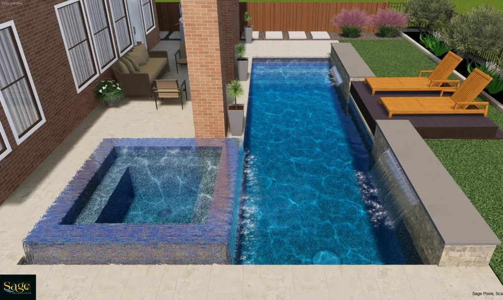 small affordable pool with infinity edge hot tub waterfall