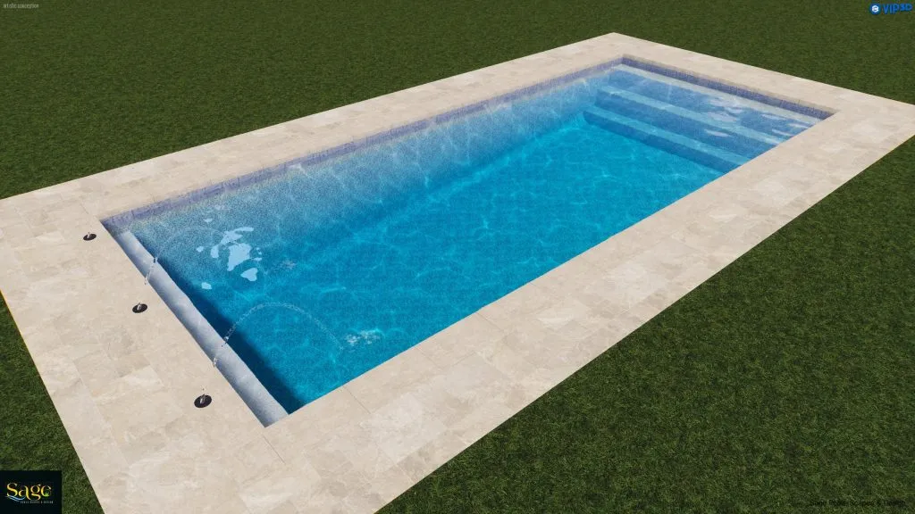 rectangular pool sprayers seating area stairs