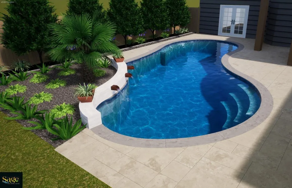 small pool with fountains stair seating ledge