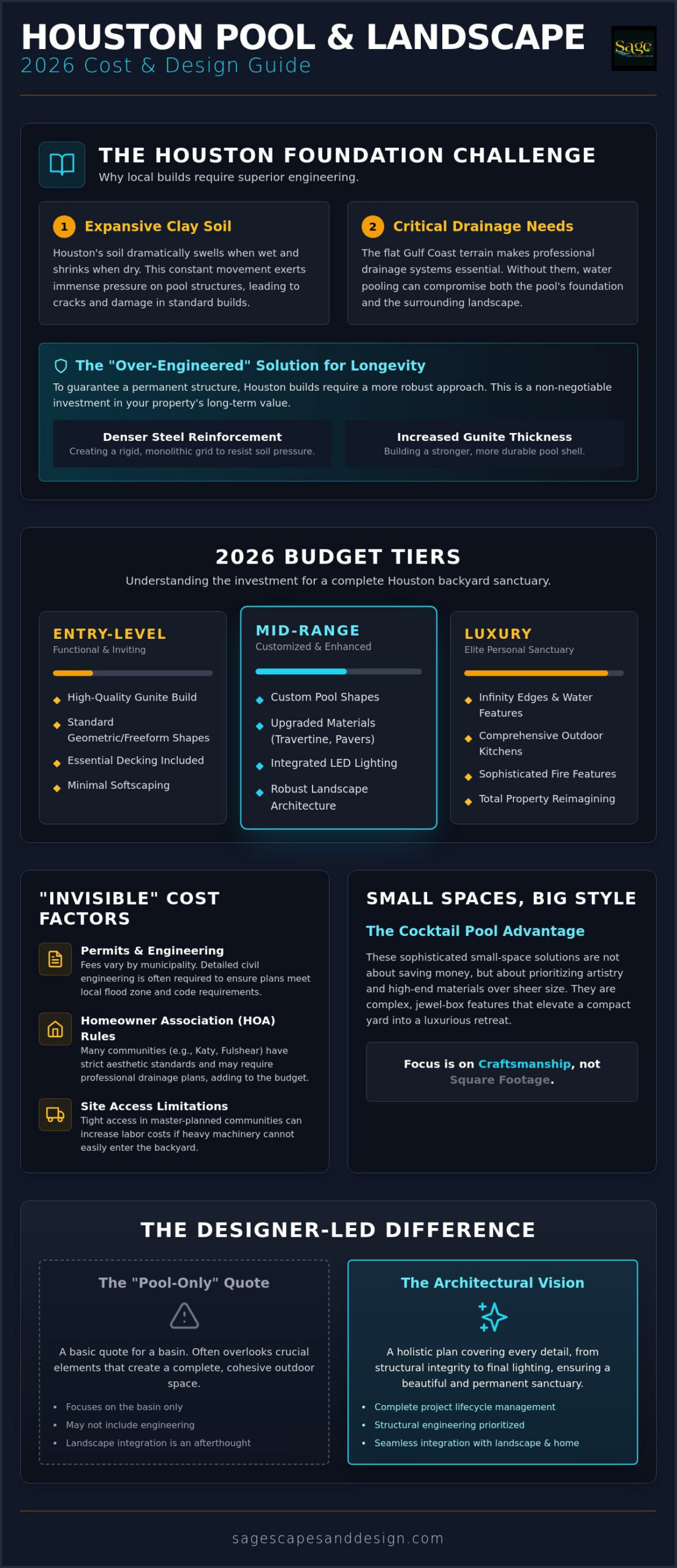 Pool Landscaping Cost in Houston: 2026 Pricing and Design Guide - Infographic - Sage Pools, Scapes & Design Pool Landscaping Cost in Houston: 2026 Pricing and Design Guide