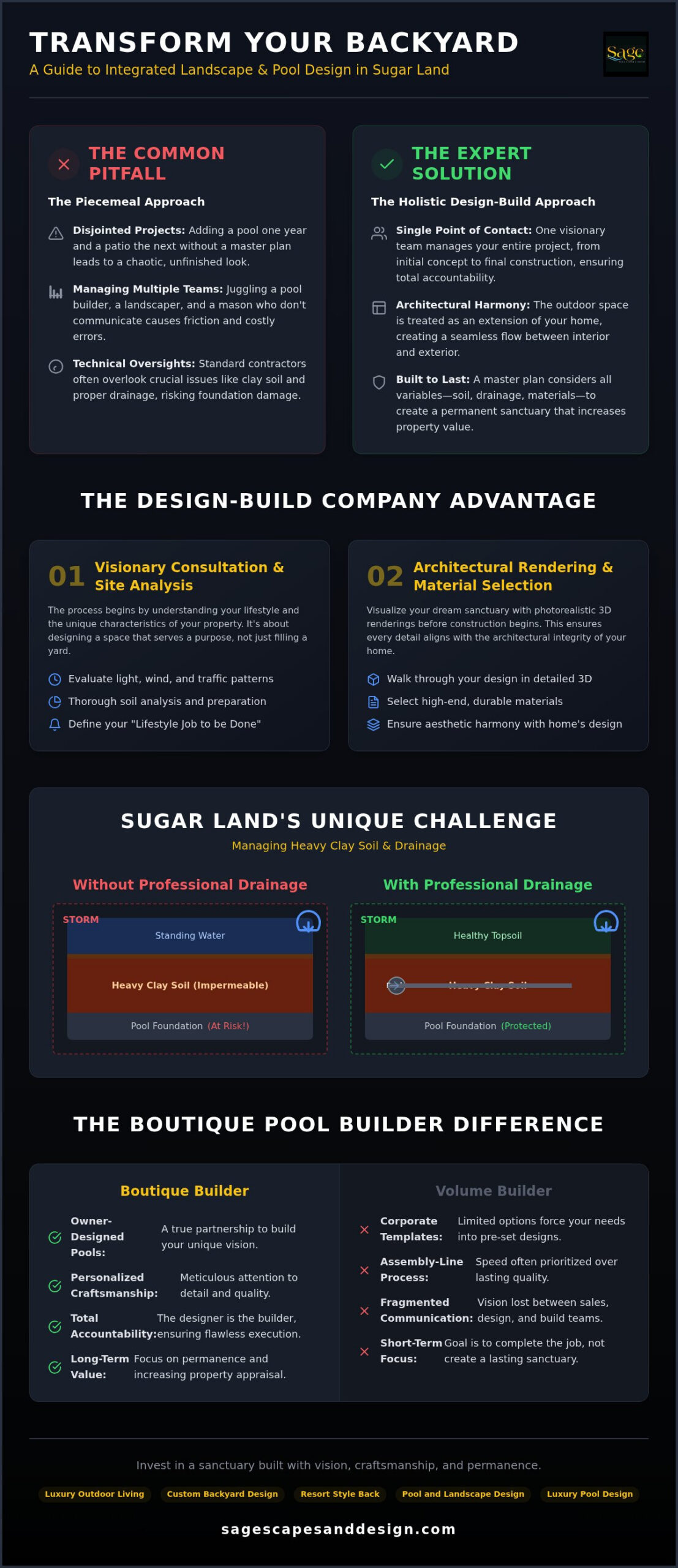 Landscape Design Sugar Land TX Luxury Backyard Guide - Infographic - Sage Pools, Scapes & Design Landscape Design Sugar Land TX: Luxury Backyard Guide